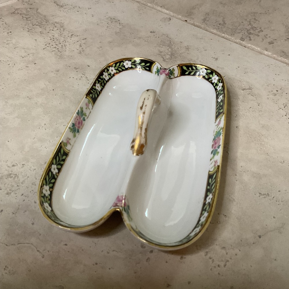 Vintage Nippon Hand Painted Divided Nut Dish Floral Gold Trim Morimura Bros